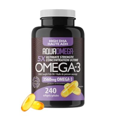 AQUAOMEGA 5X Ultimate Strength High DHA Supplement, Omega 3 Supplements with EPA & Vitamin D, Wild Caught Fish Oil Omega 3 Fatty Acids for Women & Men, Omega3 Fish Oil Supplement, 240 Softgels