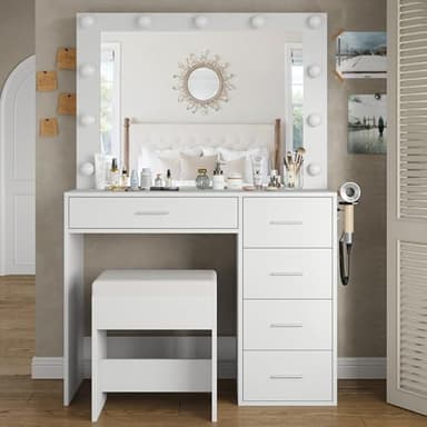 Vanity Desk with Power Outlet, Makeup Vanity with Lighted Mirror, 3 Colors Adjustable, 5 Drawers Vanity with Chair, Vanity Set for Bedroom, Dressing Room, White, 37''