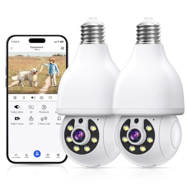 Light Bulb Security Cameras Wireless Outdoor 5g/2.4ghz WiFi, 2K HD Camera Surveillance Exterieur with Color Night Vision,Two Way Talk,Human Motion Sensor,Security Camera Outdoor Easy to Install (2Pcs)