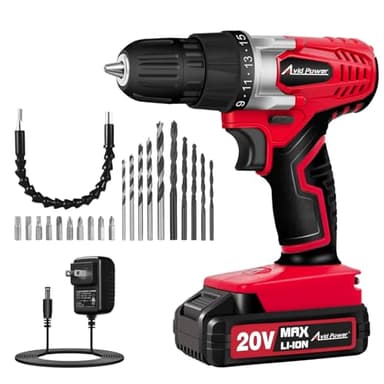 AVID POWER 20V MAX Lithium lon Cordless Drill Set, Power Drill Kit with Battery and Charger, 3/8-Inch Keyless Chuck, Variable Speed, 16 Position and 22pcs Drill Bits (Red)