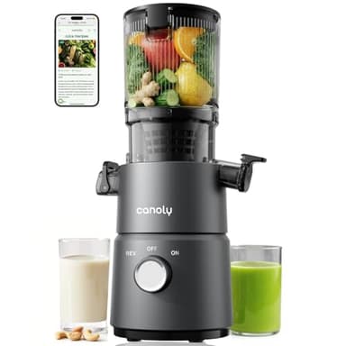 Canoly C03 Cold Press Juicer, 4.5" Wide Feed Chute Juicer Machine with 200W AC Motor, Fit Whole Vegetables & Fruits, 2-in-1 Strainer (Juice & Nut Milk Maker), Space-saving, Easy to Clean, Matte Grey