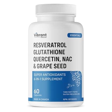 Resveratrol 500mg Glutathione 200mg Quercetin 200mg Grape Seed Extract - Antioxidant Supplement For Women and Men with N-Acetyl Cysteine and Selenium, Made in Canada 60 Capsules