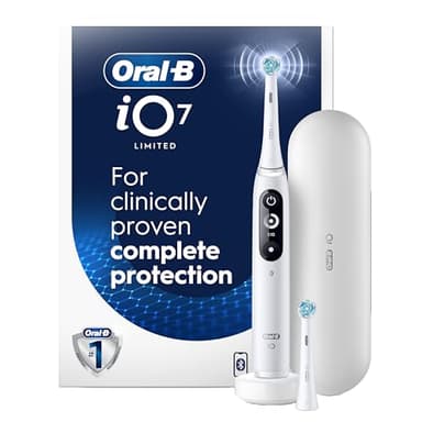 Oral-B iO Deep Clean + Protect Rechargeable Electric Toothbrush, White with Visible Pressure Sensor, 5 Cleaning Settings, 2 Min Timer, an iO Series 7 Toothbrush, 2 Replacement Brush Heads, and Charging Travel Case