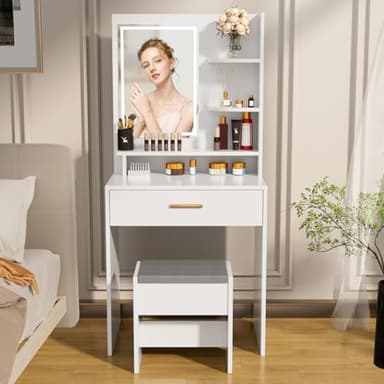 White Makeup Vanity Desk with Mirror and Lights and Stool, Small Vanity Desk with Storage Drawer and Shelves, Compact Makeup Table with Lighted Mirror, VanityTable and Chair Set for Bedroom