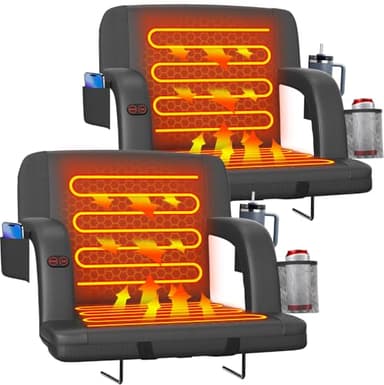 Suteck 2 pcs Dual-Sided Heated Stadium Seats for Bleachers with Back Support, 23" Portable Heated Bleacher Seat with Backrest, 3 Heat Levels, 5 Pockets – Ideal for Outdoor Stadiums and Events - Black