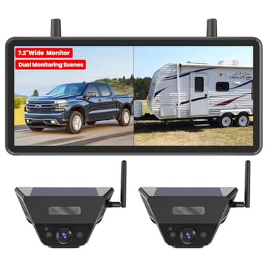 Solar Backup Camera Wireless for RVs and Trailers No-Installation - 7.2" HD 1080P Monitor,Dual Camera System, Strong Magnetic Scratch-Proof Rear View Camera for Trucks, Campers, SUVs, and Cars
