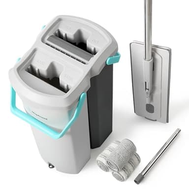 Mopficient 14L Dual-Chamber Flat Mop & Bucket Set, Clean & Dirty Water Separation, Hands-Free Self-Wringing, 15” Wide Head with EVA Squeegee, 4 Microfiber Pads, Stackable Design, Ergonomic