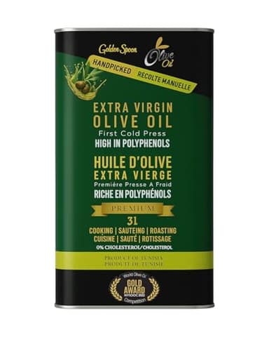 Golden Spoon Premium Extra Virgin Olive Oil 3L - Gold Medal Winner - Low Acidity (0.18%) – Cold Pressed from Chemlali olives (a traditional Tunisian variety), Rich in Polyphenols – Smooth, Fruity Taste - 100% Pure & Natural - 0% Cholesterol - Mediterranean Quality - Support Local Canadian Business – Everyday Use