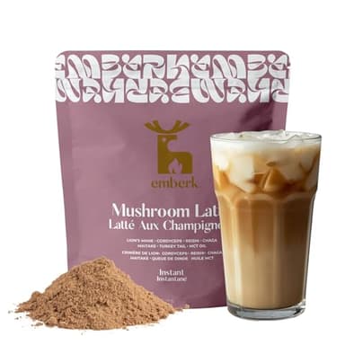 Emberk Organic Mushroom Latte with Coconut Milk - Instant Coffee with 6 Adaptogenic Mushrooms and MCT Oil C8, 5000mg per Cup, Low Caffeine, Vegan, Made in Canada, 20 Servings