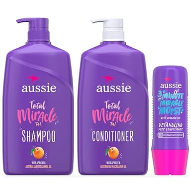 Aussie Total Miracle 3-Piece Set: Shampoo 778 mL, Conditioner 778 mL, 3 Minute Miracle Deep Conditioner Hair Treatment 236 mL, Infused with Apricot and Australian Macadamia Oil, 1.79 L Total