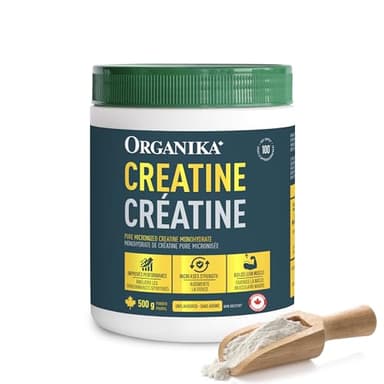 Organika Canadian-Made Creatine Powder - Pure Micronized Creatine Monohydrate - NSF Certified - Supports Strength, Muscle, Recovery and Performance for Men and Women - Unflavoured - 500g, 100 servings
