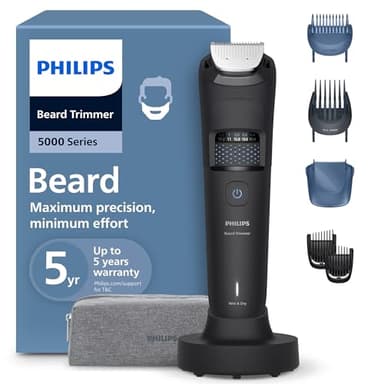 Philips Beard Trimmer 5000 Series - Self-sharpening Metal Blades, 40 Lock-in Settings, BeardSense Technology, Hair Collector, 100% Waterproof, Fading comb, Travel Pouch, Model BT5785/30