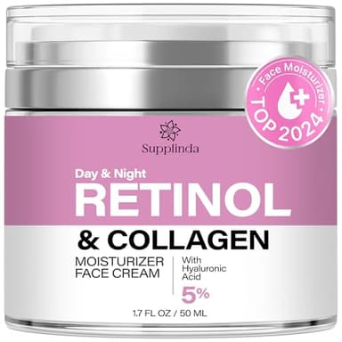 Supplinda - Face Moisturizer Retinol Cream, Day & Night Moisturizing Cream, Collagen & Hyaluronic Acid, Hydrates & Locks in Moisture, Green Tea Scented Facial Moisturizer for Men and Women - 50ml