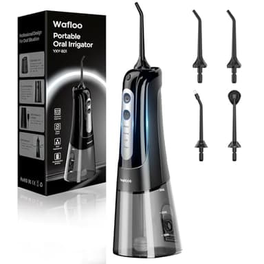 WAFLOO Cordless Water Flosser, 4 Modes Portable Water Floss with 4 Jet Tips, 300ML Tank, Rechargeable Power with IPX7 Waterproof for Travel Home (Black)