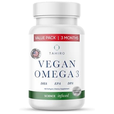 TAHIRO Vegan Omega-3 Softgels. Serving Size 1000mg Includes DPA, DHA & EPA Plant Based Supplement. Nutrients for Men, Women, Kids, and Pregnant Women (180 Count)