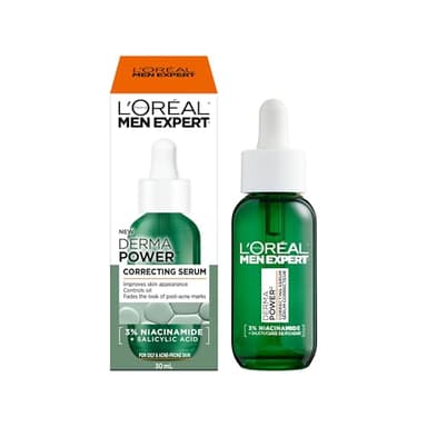 L’Oréal Paris Men Expert Derma Power Correcting Serum for Men, Niacinamide & Salicylic Acid Acne Treatment for Face & Oil Control, For Acne-Prone & Oily Skin, Reduces Look of Acne Marks, 30ml