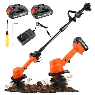 Noliven Electric Garden Rotavator, Soil Tiller Cultivator with 2 X 1500mah Battery, Cordless Tiller Rotavator 10cm Tilling Width and 10cm Working Depth with Telescopic Pole, for Farm, Yard, Lawn