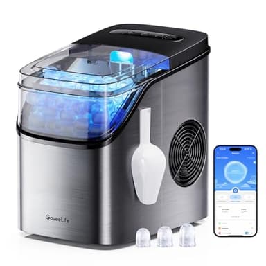 GoveeLife Smart Countertop Ice Maker, Portable Ice Machine with Voice Control, 9 Ice Cubes in 6 Minutes 3 Sizes, 26lbs/24Hrs, Self Cleaning RGB Lights, Quiet Ice Maker with Scoop for Kitchen Silver
