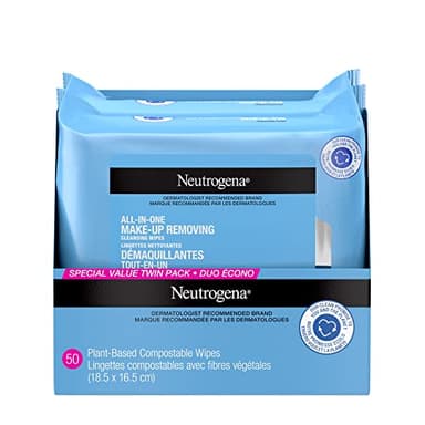 Neutrogena All-in-One Makeup Removing Cleansing Wipes - Gentle Cleansing Towelettes Remove Make-up & Waterproof Mascara - Plant-Based, Alcohol-Free Formula for Sensitive Eye Area - Value Twin Pack, 50 Count