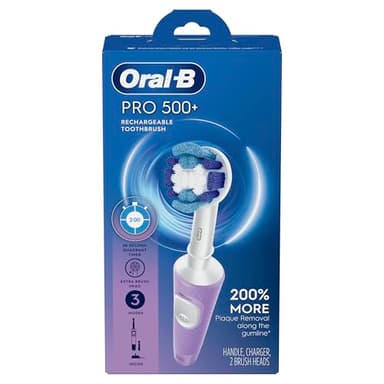 Oral-B Pro 500 + Electric Toothbrush with (1) Precision Clean Brush Head and (1) Sensitive Clean Brush Head, Rechargeable, Lilac