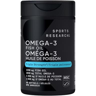 Sports Research Triple Strength Omega 3 Fish Oil - Burpless Fish Oil Supplement w/EPA & DHA Fatty Acids from Wild Alaskan Pollock - Heart, Brain & Immune Support for Men & Women - 1250 mg, 90 ct