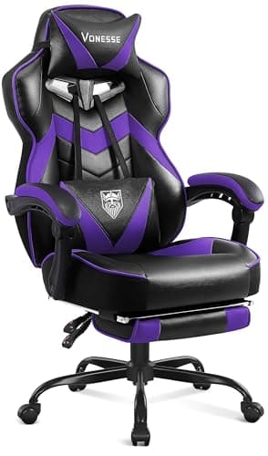 Vonesse Gaming Chair, Reclining Gaming Chairs with Footrest and Massage, High Back Gaming Chairs for Adults with Pocket Spring Cushion, Big and Tall Computer Chair with Lumbar Support (Purple/Black)