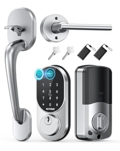 Keyless Entry Door Lock: NUTOMO Silver Fingerprint Door Lock Set,Smart Front Door Handle,Electronic Keypad Deadbolt for Front Door，Two Keys Easy Installation Code Auto Lock for Home