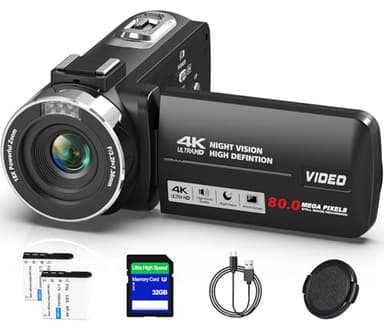 4K Video Camera Camcorder Ultra 80MP Vlogging Camera for YouTube 18X Digital Zoom Camcorder Recorder 3.0" LCD Touch Screen IR Night Vision with Controller, 32GB SD Card and 2 Batteries