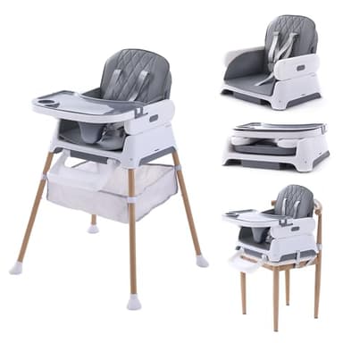 3 in 1 Baby High Chair, Booster Seat, Convertible Baby High Chairs for Babies and Toddlers, Hrusitoo Adjustable Compact Infant Feeding Chair (Light Gray)