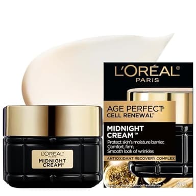 L'Oréal Paris Midnight Night Cream, Skincare with Vitamin E + Antioxidant Recovery Complex, Reduces look of Wrinkles, Firm & Comfort Skin, Age Perfect Cell Renewal, , 50ml