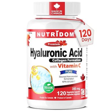 Nutridom Hyaluronic Acid Supplements 200mg with Vitamin C, Vegan, Non-GMO, Gluten-free, Made in Canada (120 count)