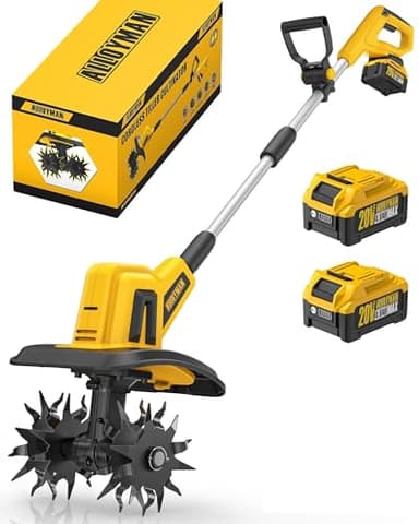 Alloyman 20V Cordless Tiller Cultivator, 360RPM Electric Garden Tiller, with 2 * 4.0Ah Batteries & Charger, 9In Tilling Width and 6.6In Depth Garden Rototiller for Lawn/Gardening/Soil Cultivation