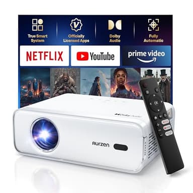 Netflix-Officially Projector, Aurzen Eazze D1 4K Supported Smart Projector with HDR10, DoIby Audio, Auto Focus, WiFi Bluetooth Portable Projecteur for Outdoor, White