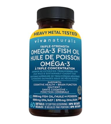Viva Naturals Triple Strength Omega 3 Fish Oil Supplement - 2500 mg Fish Oil with Re-Esterified Omega-3 Fatty Acids including EPA and DHA for Cognitive Health & Brain Function - 60 Softgels