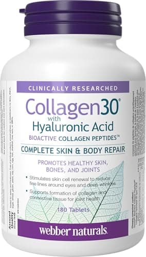 Webber Naturals Collagen30 with Hyaluronic Acid, Bioactive Collagen Peptides, 180 Tablets, Helps Reduce Joint Pain, Eye Wrinkles and Fine Facial Line