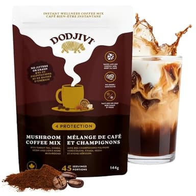 Dodjivi Made in Canada Organic Instant Mushroom Coffee, Arabica Coffee with Lion's mane, Chaga, Turkey Tail, Reishi Mushroom Powder for Better Focus, Immune Support, Keto Friendly (45 Servings) 144g