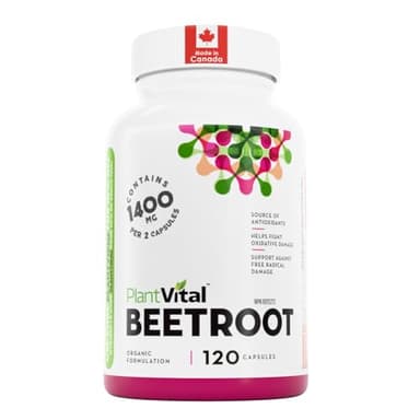 PlantVital Organic Beetroot 1400mg per day -Made in Canada, Health Canada Licensed- Antioxidant Beet Root Supplement - Protects Against Oxidative Damage and Free Radicals -120 Capsules, 2-Month Supply