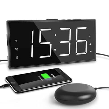 ROCAM Loud Alarm Clock for Heavy Sleepers, Vibrating Alarm Clock with Bed Shaker Dual Alarms, 7.5" Large LED Display with 5 Brightness Dimmer, Alarm Clocks for Bedrooms, Deaf People