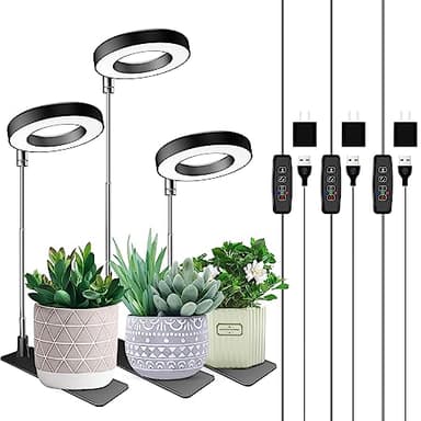 Aokrean Plant Grow Light, 48 LEDs Full Spectrum Grow Lights for Indoor Plants, Height Adjustable Small Halo Grow Light with Base, 3 Optional Spectrums, Auto Timer 3/9/12Hrs, 10 Brightness, 3 Pack