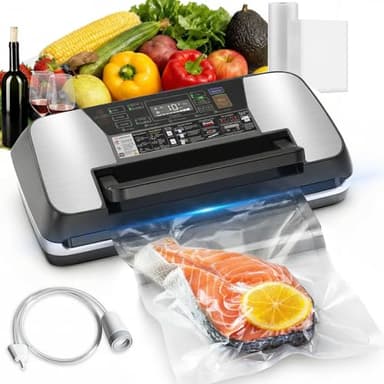 Commercial 95KPa Powerful Vacuum Sealer Machine, 12-in-1 Food Sealer with Double Heat Seal, Built-in Cutter & Storage, LED Display, 1 Bag Roll, 10 Pre-cut Bags & Hose, Preserve Food 10x Fresh Longer