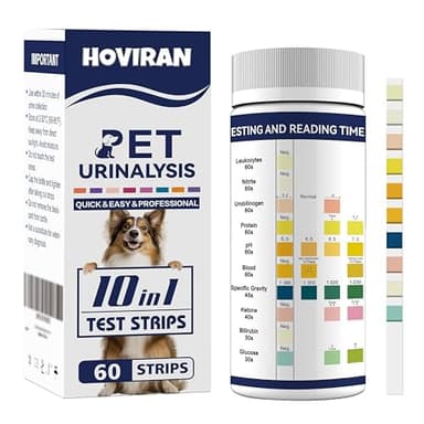 10-in-1 Cat & Dog Urine Test Strips, Cat & Dog UTI Test Kit, Pet Urinalysis Reagent Strips Diabetes, Glucose, Nitrite, Specific Gravity, pH, Protein, Leukocytes & More (60 Strips)