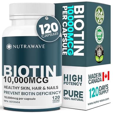 Nutrawave Extra Strength Biotin 10000mcg – Biotin for Hair Growth, Lush Hair, Glowing Skin & Strong Nails, Ideal for Women & Men, Non-GMO, Vegan, Gluten-Free. 120 Capsules