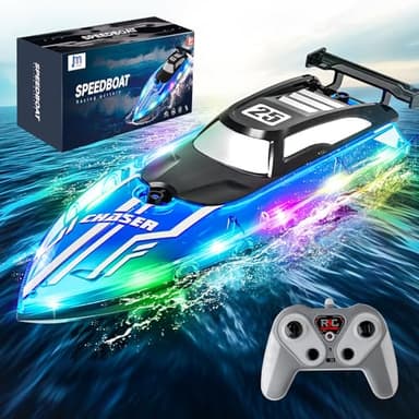 RC Boat with Dazzling LED Lights, 2.4Ghz Remote Control Racing Boats for Kids 8-12,Toy Water Boat for Pools and Lakes with Waterproof,Rechargeable Battery, for Boys Girls Blue