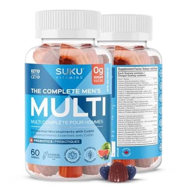 SUKU Vitamins - Men Multivitamin Gummies, Sugar Free, Keto, All Natural, 22 Essential Vitamins/Minerals, C0Q10 Gummy Supplement to Support Men’s Prostate Health, Immune and Liver Function (60 Count)