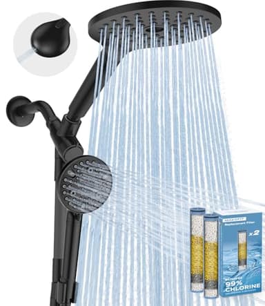MakeFit Dual Filtered Rain Shower Head Combo, High Pressure Handheld Shower Head with Adjustable Bar - 8’’ Rainfall Shower Head 10 Modes Showerhead with Filter for Hard Water - Removes Chlorine