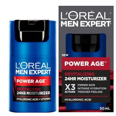 L'Oreal Paris Men Expert 24 HR Face Moisturizer for Men with Hyaluronic Acid and Vitamins, For Dry Skin, Fights Signs of Aging, Power Age, Packaging May Vary, 50 mL