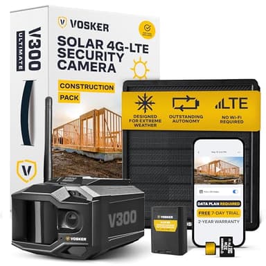 Vosker V300 Ultimate Construction Pack Outdoor Security Camera with External Solar Panel for Remote Construction Sites 4G LTE Black Single Unit with Battery