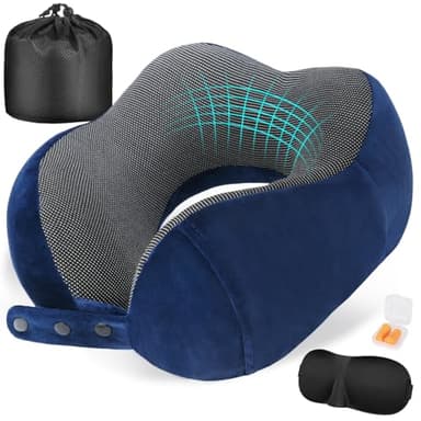 Cirorld Neck Pillow for Traveling, Travel Pillows for Airplanes,100% Pure Memory Foam Travel Neck Pillow, Adjustable Flight Pillow, Portable Plane Accessories with Eye Mask, Earplugs, Carry Bag