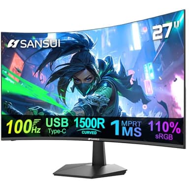 SANSUI Curved 27 Inch Monitor with USB-C Speakers 100Hz Computer Monitor 1Ms FHD 1080P 1500R|110% sRGB|HDMI|VESA Compatible,for Tablet,Desktop,Laptop and PC Work Gaming(USB-C Cable Incl.)