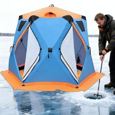 Insulated Ice Fishing Tent 6-12 Person, Multi-Season Pop-Up Ice Shelter with Stove Jack, 210D Oxford Insulated Ice Shanty with 360° Panorama Windows, for Winter Camping Fishing(Blue,3.5x3.5m)
